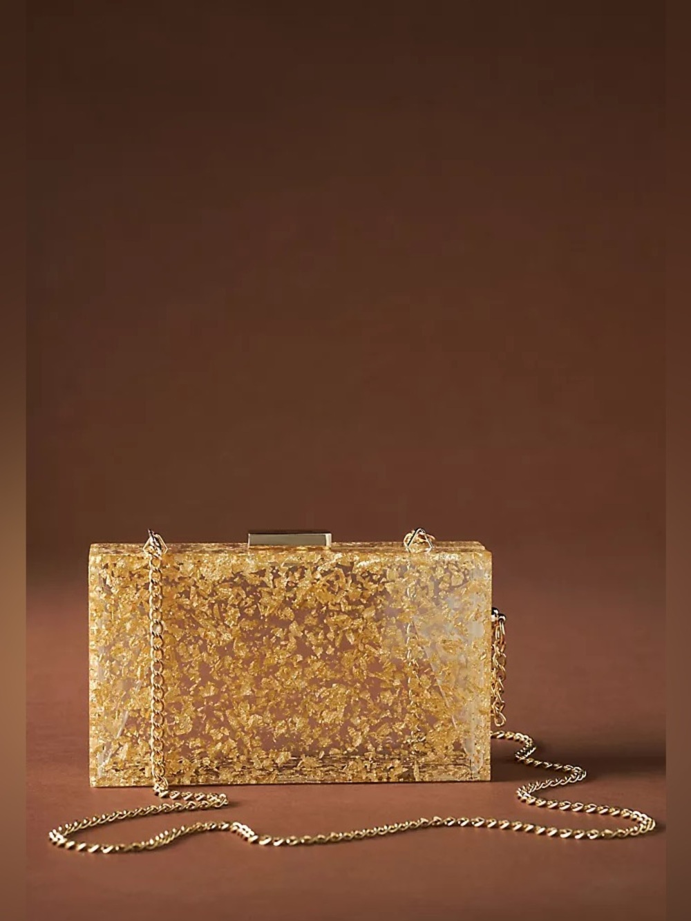 Gold Flake Acrylic Box Clutch with Chain Strap